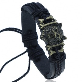 Wolf Bracelet for Men and Women Adjustable Braided Leather Yak Bone Carved Wolf Head Viking Vintage Woven Rope Leather Bracelets Unisex Jewelry Gift Gold Black
