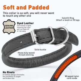 Dogline Soft and Padded Rolled Round Leather Collar for Dogs W1/4" - L8"-10", Black