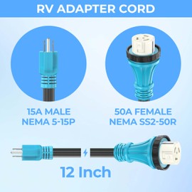 CircleCord 50 Amp to 15 Amp 110 Volt RV Adapter Cord with Locking Connector, NEMA 5-15P Male to SS2-50R Twist Lock Female Electrical Power Dogbone, STW 10 Gauge for RV Trailer Camper, ETL Listed