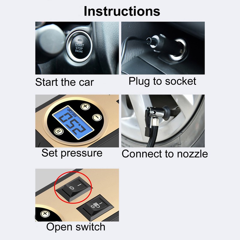 Portable Auto Air Pump Compressor Tire Inflating Tool with 3