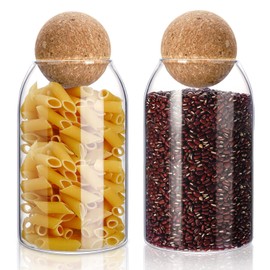 2 Piece Cork Glass Glass Jars with Cork Lid Storage Jar Coffee Jar Glass Container with Ball Cork Round Glass Bottles with Cork Glass Canisters with Airtight Seal Wooden Lid(800 ML)