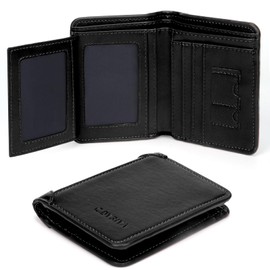 Men's Small Wallet with 9 Card Slots, Wallet and 2 Transparent Compartments for Photos or Driving Licences, Men's Small Wallet with Coin Compartment, Landscape Format (Coffee Brown), black, Retro