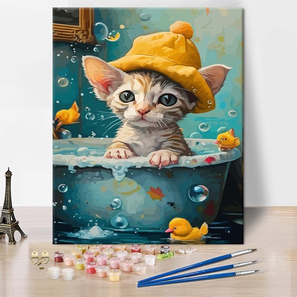 TISHIRON DIY Paint by Numbers Kit for Adults, Cat Bathtub