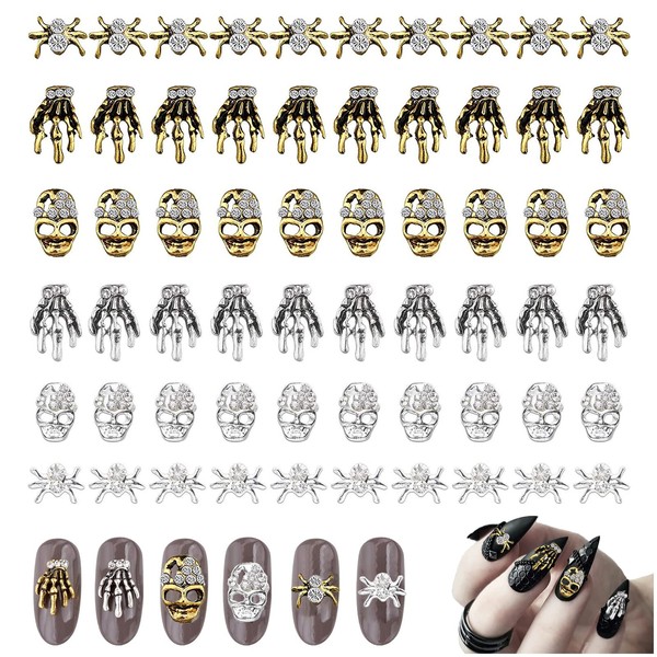 Kalolary 60 Pcs 3D Halloween Nail Art Charms Skull Spider with Rhinestones, Vintage Skeleton Hand Alloy Nail Art Jewelry Decoration Halloween Nail Glitters for DIY Nail Tip Crafts (Gold and Siliver)