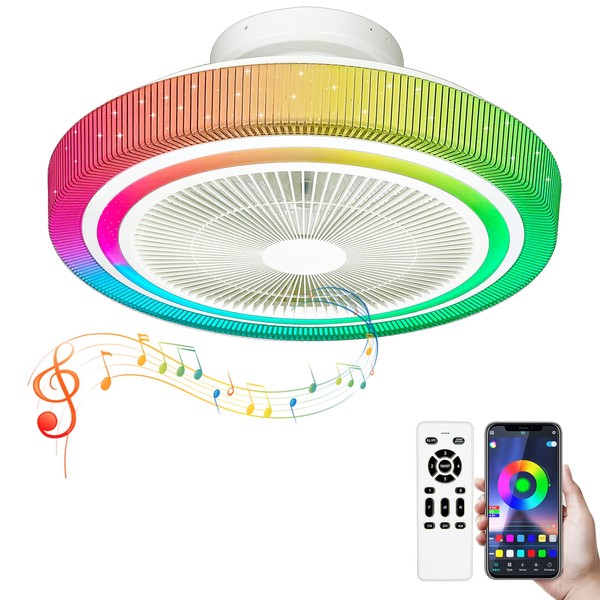 GESUM Ceiling Fan with Lights,20 Inch Low Profile RGB Ceiling Fan with Remote Control, Music Rhythm & Color LED Dimming, LED-RGB Ambient Ceiling Light for Living Room Bedroom