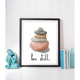 Be Still Wall Art Stacked Stones Watercolor Painting Print Nature Inspired Zen Inspirational Quote Decor Unframed