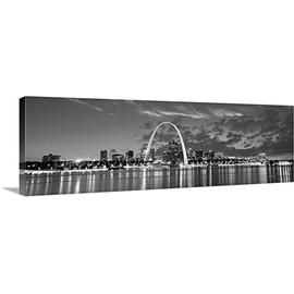 PHOTOSBYJON Canvas St Louis Skyline Dusk 16 inches x 46 inches B&W Black and White Saint Louis City Downtown Photographic Panorama Print Photo Picture