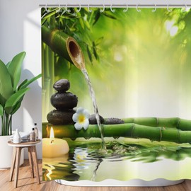Hnmdmyi Zen Garden Shower Curtain, 180 x 200 cm, Spa Green Bamboo, Black Stone, White Flower, Bathtub Curtain, Japanese Meditation, Relaxing, Waterproof, Polyester Fabric, Washable Bath Curtain with