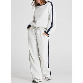 Herseas Women's Grey Color Block Outfits 2025 Plush Sweat Set Oversized Old Money Matching Lounge Sets X-Large