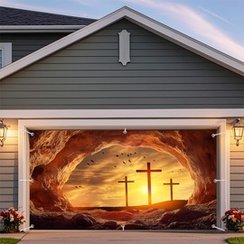 7X8ft Easter Tomb Backdrop Fabric Resurrection of Jesus Christ Cross Empty Tomb Stone Hole Backdrop Holy-Light Sunset Crucifix Christianity Church Easter Events Indoor Outdoor Decor Banner Cover
