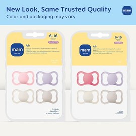MAM Chupetes Air mate, para piel sensible, más de 6 meses, el mejor chupete para bebés amamantados, chupetes de niña, 6-16, 4 unidades