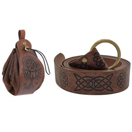 Thajaling 2 Pcs Viking Belt Medieval Faux Leather Belt Pouch Retro Knight Belt Set Renaissance Drawstring Dice Bag Renaissance LARP Accessories (Brown-2)