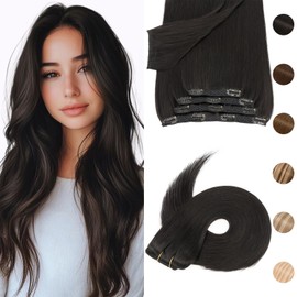 Silk-co Clip in Hair Extensions Real Human Hair Remy Double Weft With Lace Coverd Clip in Silky Straight Natural Thick Hair Seamless 7pcs 16Clips 90g 12Inch #1B Natural Black