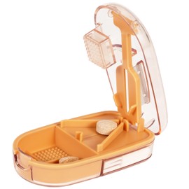 ColeMela Pill Cutter Splitter for Small and Tiny Pills, or Large Pills. V-Shaped Design for Multiple Sizes. Safety Blade Guard. Loss-Proof Built-in Small Brush & Sliding Door Pill Storage (Khaki)