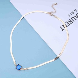 Iaceble Boho Blue Sapphire Square Necklace Choker Snake Chain Necklace Square Blue Gemstone Necklace Gold Herringbone Chain Necklace Jewelry for Women and Girls