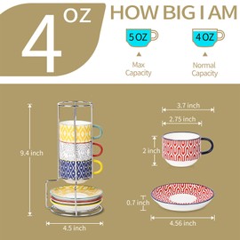 Selamica Ceramic Espresso Cups with Saucers and Metal Stand, 4 OZ Stackable Demitasse Cups for Latte Coffee Café Mocha Tea, Set of 4, Assorted Colors