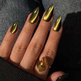 Cat Eye Black Gold Press On Nails Medium Short Almond Shaped - 30Pcs Stiletto Fake Nails Acrylic Press ons Natural Thick Gel Nails Short Glue on Nails Opaque Glitter False Nails for Women No Glue