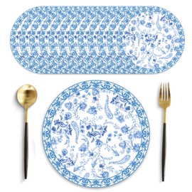 50 Pack Blue Floral Branches Vintage Paper Placemats 13.7 Inch Disposable Blue White Flower Placemats Decorative Chinoiserie Round Table Mats for Dining Wedding Anniversary Birthday Party Supplies