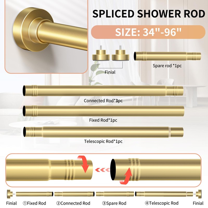 Emlaoe Gold Shower Curtain Rod 34-96 Inches(2.8-8ft) Never Rust Adjustable