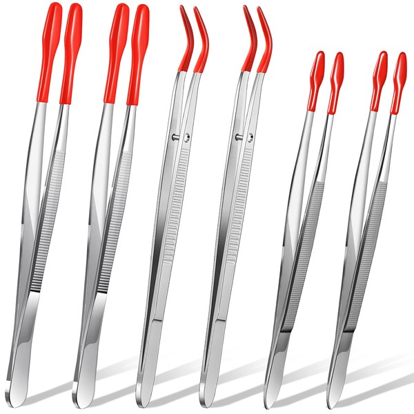 6 Pieces Rubber Tipped Tweezers PVC Stainless Steel Rubber Coated Tips Tweezers for Jewelry Hobby Industrial Hobby Craft (Black and Red)