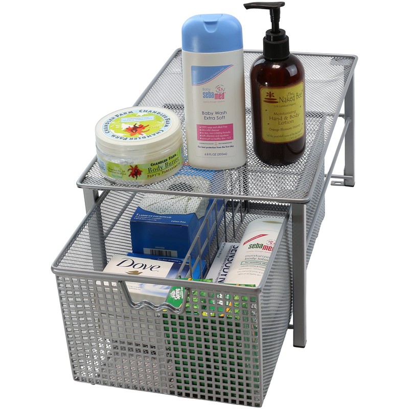 DecoBros Mesh Cabinet Basket Organizer with Split Card, Silver (Large
