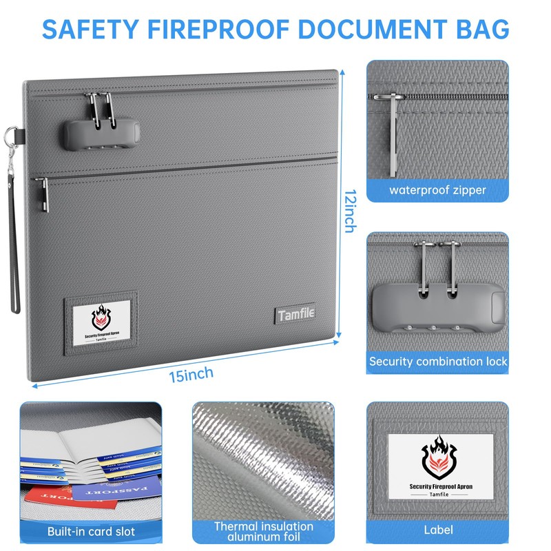 Tamfile Fireproof Document Bag with Lock,15x12 inch Heat Resistant Cash