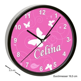 CreaDesign, WU-01-1032-02 Butterfly Pink Wall Clock for Children's Room, Customisable with Name, Black Frame, Diameter 19.5 cm