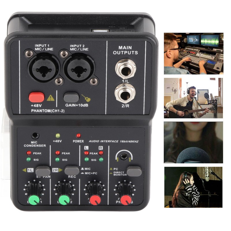 2 Channels Audio Mixer USB 48V Phantom Power Compact Sound