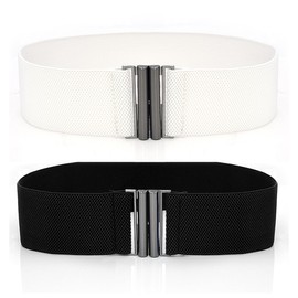 PLABBDPL Pack of 2 Elastic Waist Belts, Women's Wide Dress Belt, Stretchy Waistband with Metal Buckle (Black and White)
