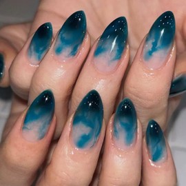 MERVF Almond Press on Nails Medium Fake Nails Dark Blue Ombre French Tip Glue ons Nail Ink Design Stiletto Acrylic Supplies DIY Gothic Manicure Glossy 24pcs