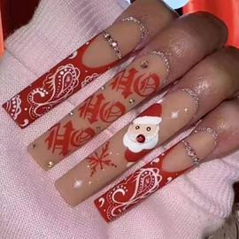 Christmas Press on Nails Long Square Fake Nails with Red Letter Design Santa Claus Glue on Nails Rhinestone Stick on Nails Glossy Reusable Winter Xmas French False Nails for Women Girls Manicure 24pcs