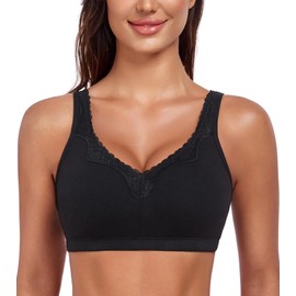 DotVol Women's Comfort Cotton Bra Full Coverage Wirefree Embroidered Lace Non Padded Lift Everyday Bras(Black,40D)