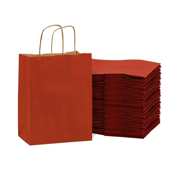 Prime Line Packaging 8x4x10 50 Pack Small Red Gift Bags with Handles, Kraft Paper Gift Wrap Bags for Shopping, Holiday, Christmas, Valentines Bulk