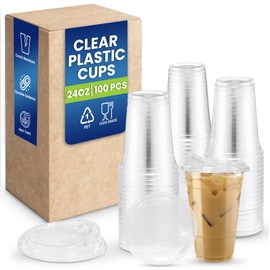 SNH Packing 100 Pack 24oz Plastic Cups with Lids | Clear Disposable Iced Coffee Cups with Strawless Sip Lids | PET Cold Drink Cups for Smoothies, Milkshakes, Party & Events | BPA-Free