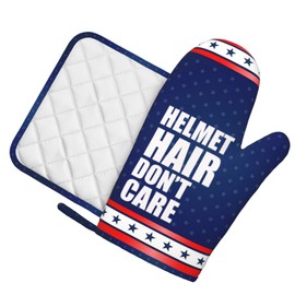 Helmet Hair Don't Care Biker Gifts for Women Men Oven Mitts and Pot Holders 2pcs Set Kitchen Oven Glove Long Oven Mitts and Potholder for Cooking