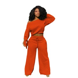 TOPSRANI Women's 2 Piece Outfits Casual Solid Sweatsuits Baggy Long Sleeve Loose Matching Wide Leg Tracksuit Pants Sets Orange XL