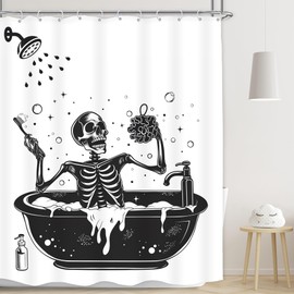 LGhtyro Funny Skull Shower Curtain Bathroom Set 60Wx71H Inches Black White Gothic Skeleton Bone Bathing in Bathtub Bubbles Spooky Cool Bath Accessories for Men Boys Art Home Decor Fabric 12 Pack Hooks