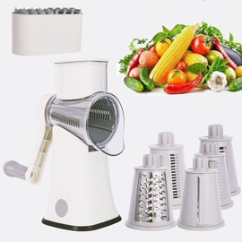 HI POMELO 5-in-1 Multifunctional Rotary Cheese Grater and Shredder, Hand Crank for Slicing, Shreddering Grinding Vegetables, Potatoes, Nuts, Carrots, Radishes, and Cucumbers with Speed, Gray-White.