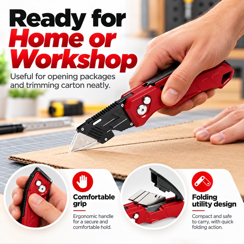 Folding Utility Knife for Box Cutting – Quick-Change Blade, Anti-Slip