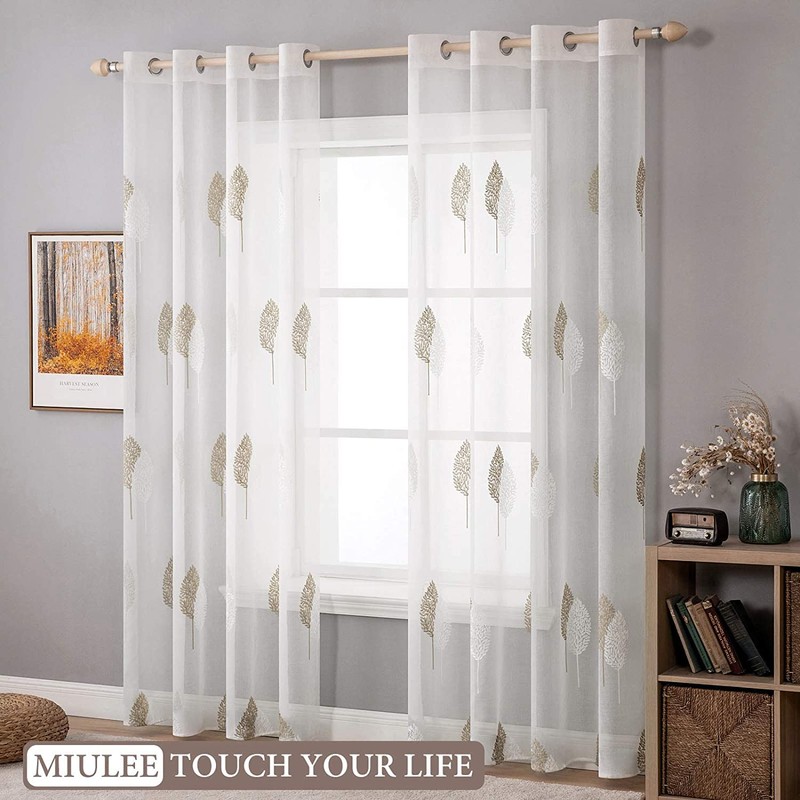 MIULEE 2 Panels Sheer Curtains Brown and White Embroidered Leaves