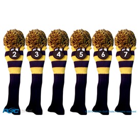 Majek #2, 3, 4, 5, 6, 7 Hybrid Combo Pack Rescue Utility Blue & Yellow Golf Headcover Knit Pom Pom Retro Classic Vintage Head Cover