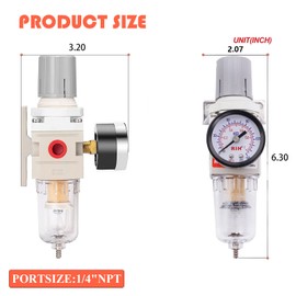 RIH 1/4" NPT Compressed Air Filter Regulator Combo Piggyback, 5 Micron Brass Element, Poly Bowl, Semi-Auto Drain, Metal Bracket, 0-150 psi Gauge Air Tool Compressor Filter with Gauge (1/4" NPT)
