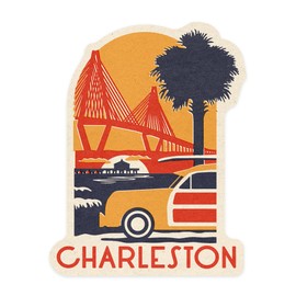 Die Cut Sticker Charleston, South Carolina, Ravenel Bridge, Woodblock, Contour Vinyl Sticker 3 to 6 inches, (Waterproof Decal for Cars, Water Bottles, Laptops, Coolers), Large