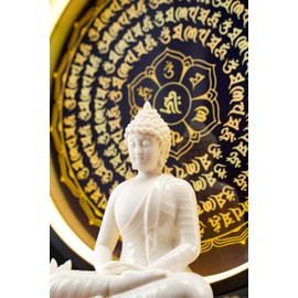 QINLANG 6 inch White Buddha Statue and 13.2 inch LED Circle Table Lamp, Indoor Buddha Statues for Home Décor