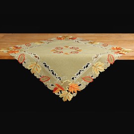 Quinnyshop Autumn Leaves Table Cloth Table Runner Cushion Cover Linen Look Green Beige – Choice of Sizes Approx. 85 x 85 cm