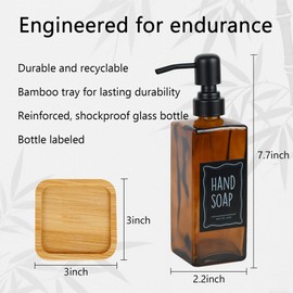 Modern soap Dispenser Set with Bamboo Base. Glass soap Dispenser with Stainless Steel Pump, Perfect for Kitchen Decor and Accessories. (1pack, Amber)