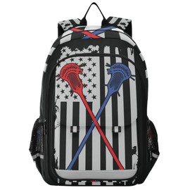 Glaphy American Flag with Lacrosse Hockey Backpack School Bag Lightweight Laptop Notebook Tablet Backpack Students Travel Bookbag with Reflective Stripes
