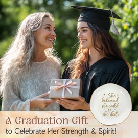 OASSIE Graduation Gifts for Her - She Believed She Could 4"x4" Round-Shaped Ceramic Jewelry Dish Tray - Thank You Inspiration College High School Graduation Gifts for Her Friends Sister Women