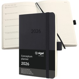 SIGEL C2625 Weekly Note Calendar 2026, Approx. A6, Black, Soft Cover, 176 Pages, Elastic Band, Pen Loop, Archive Pocket, Made of Sustainable Paper, Calendar Book Conceptum