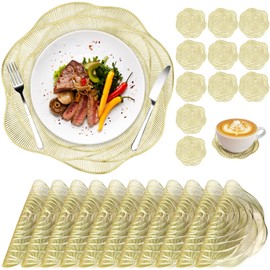 QWORK Round Placemat, 12 Pack 15 Inch Round Gold Rose Placemat & 4 Inch Coaster Set, Non-Slip Insulated Table Mats for